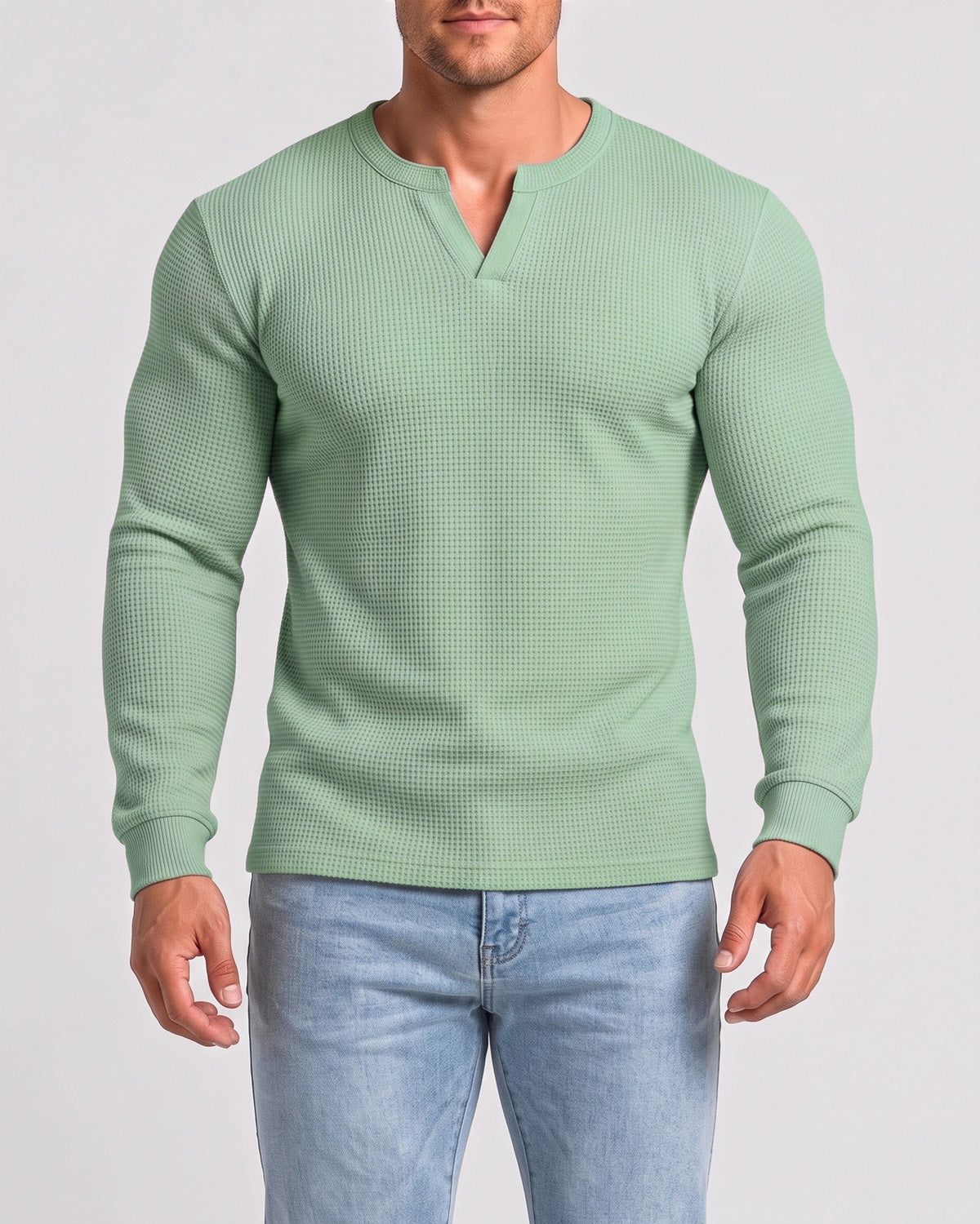 KZZ Men's Minimalist Waffle-Knit Long-Sleeve T-Shirt
