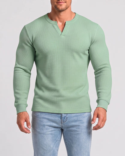 KZZ Men's Minimalist Waffle-Knit Long-Sleeve T-Shirt
