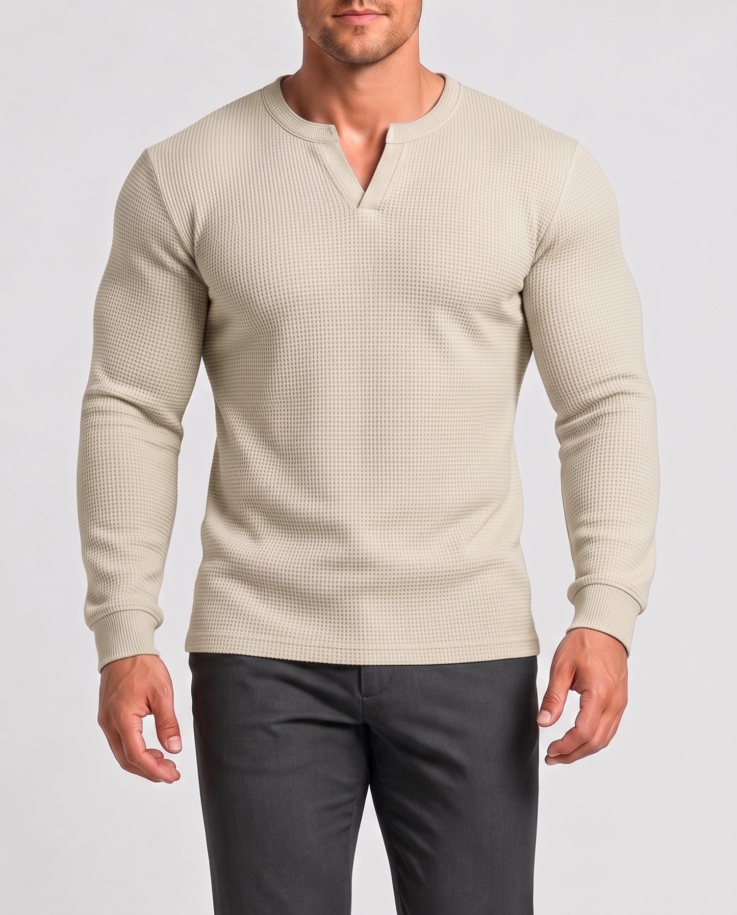 KZZ Men's Minimalist Waffle-Knit Long-Sleeve T-Shirt