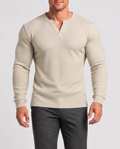 KZZ Men's Minimalist Waffle-Knit Long-Sleeve T-Shirt