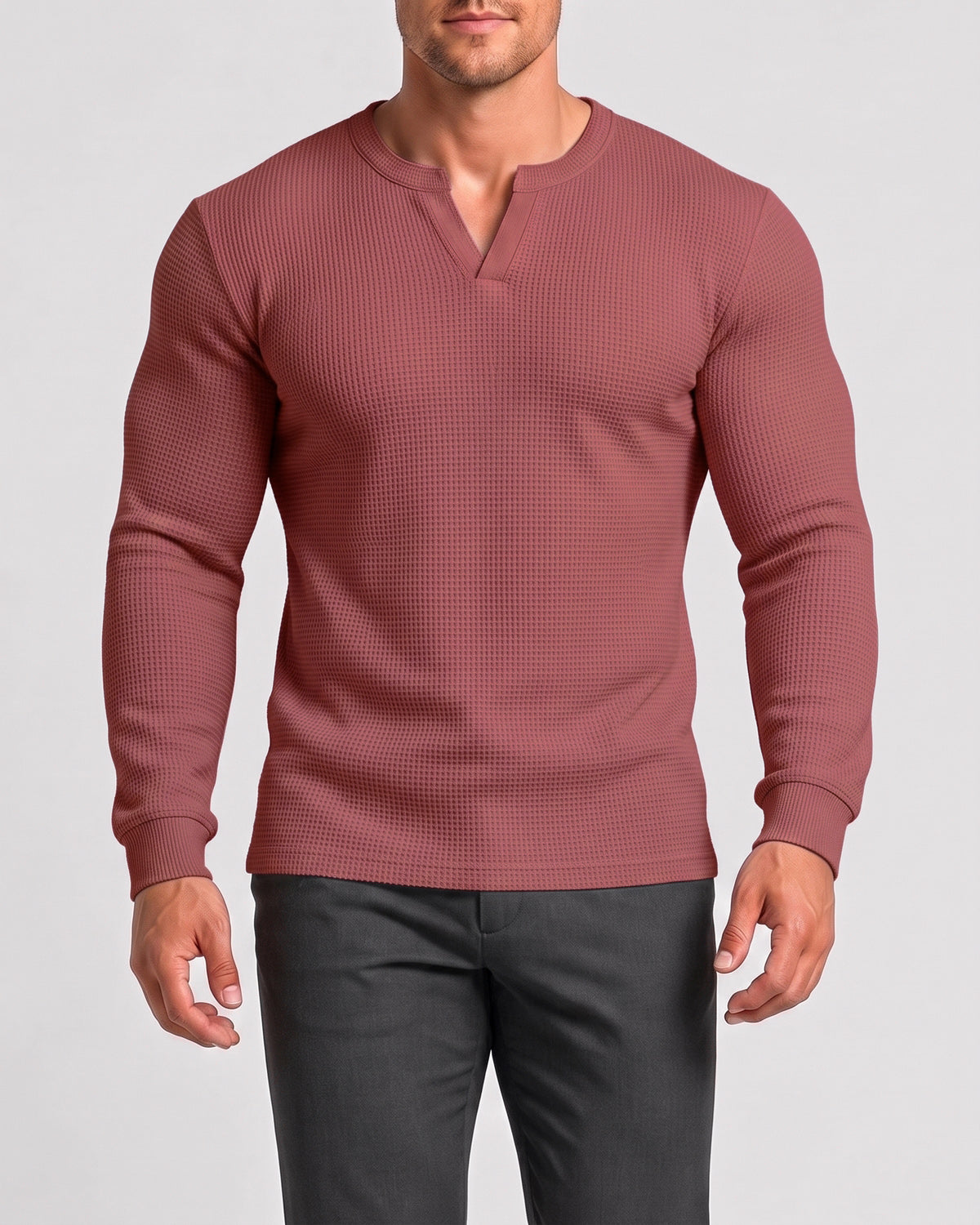 KZZ Men's Minimalist Waffle-Knit Long-Sleeve T-Shirt