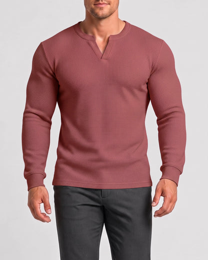 KZZ Men's Minimalist Waffle-Knit Long-Sleeve T-Shirt