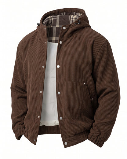 KZZ Men's Corduroy Hooded Retro Fashion Solid Color Jacket