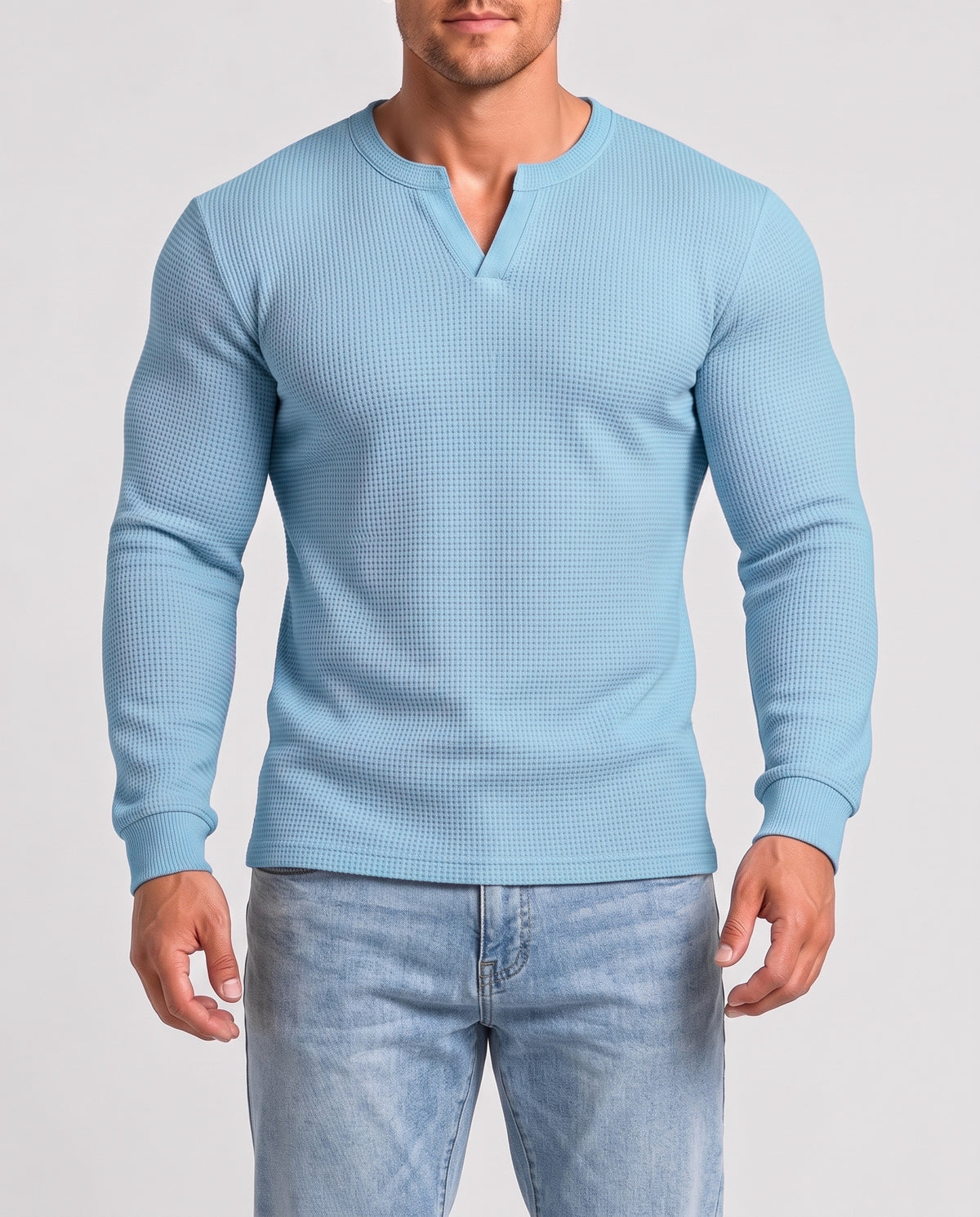 KZZ Men's Minimalist Waffle-Knit Long-Sleeve T-Shirt