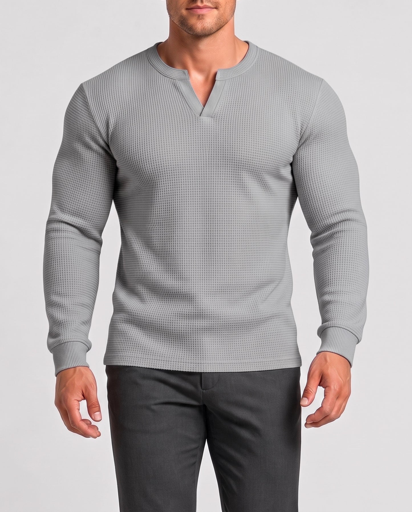 KZZ Men's Minimalist Waffle-Knit Long-Sleeve T-Shirt