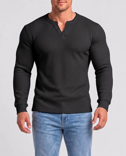KZZ Men's Minimalist Waffle-Knit Long-Sleeve T-Shirt