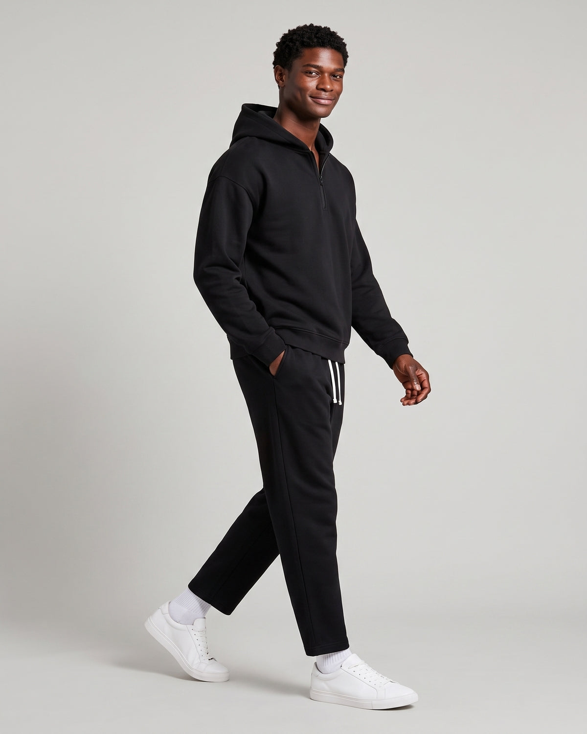 KZZ Men's solid color half zipper hooded casual pants two-piece set