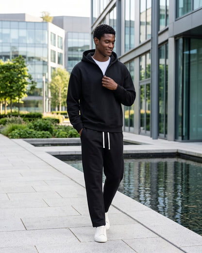 KZZ Men's solid color half zipper hooded casual pants two-piece set