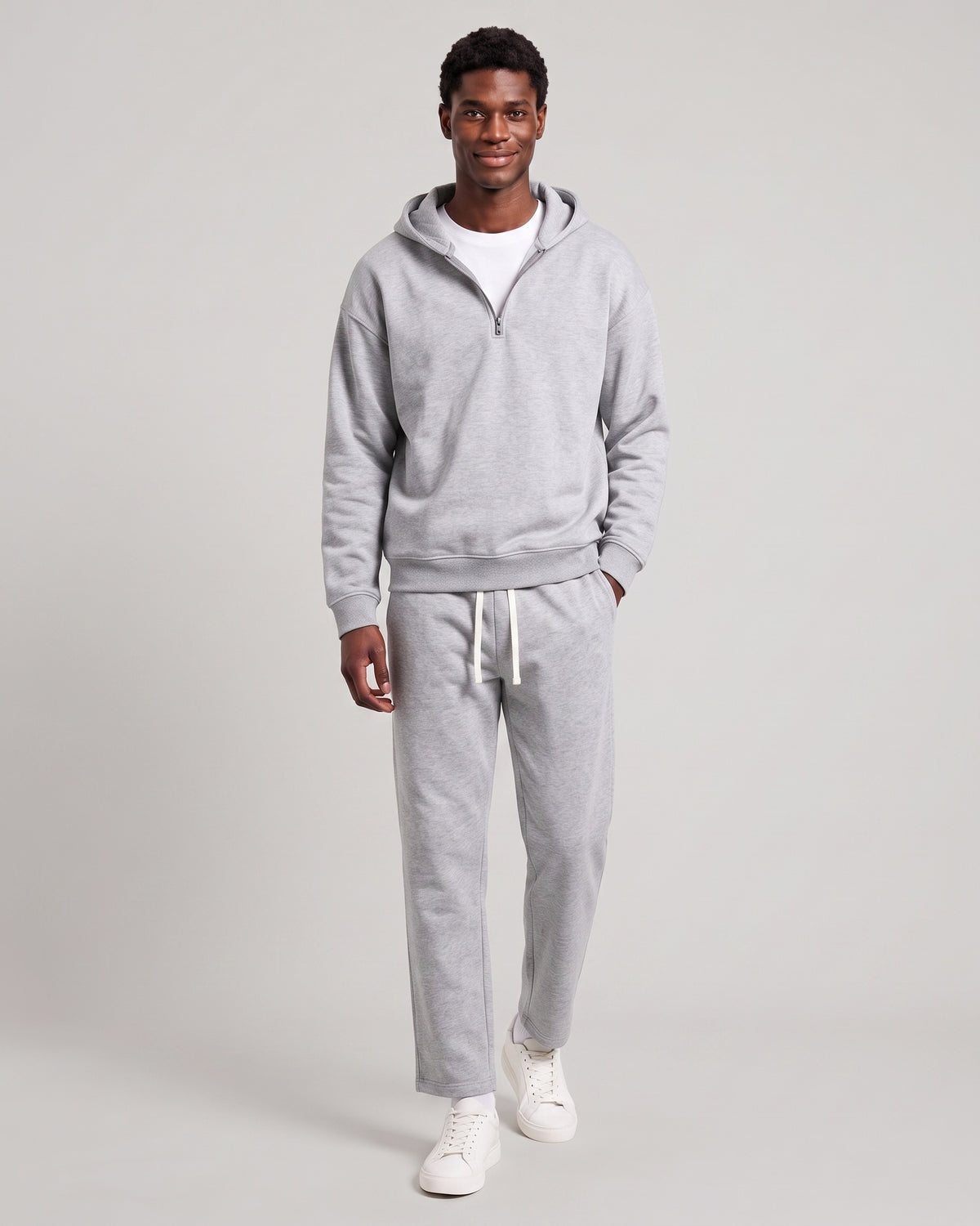 KZZ Men's solid color half zipper hooded casual pants two-piece set