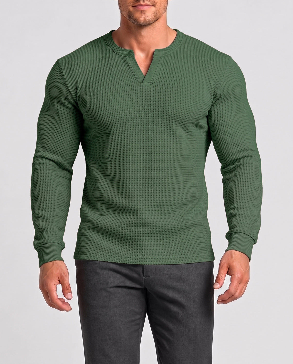 KZZ Men's Minimalist Waffle-Knit Long-Sleeve T-Shirt