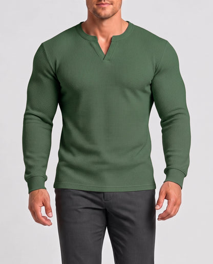 KZZ Men's Minimalist Waffle-Knit Long-Sleeve T-Shirt