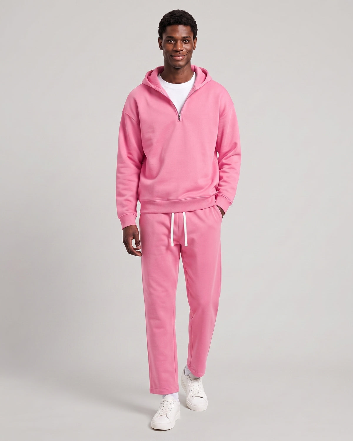 KZZ Men's solid color half zipper hooded casual pants two-piece set