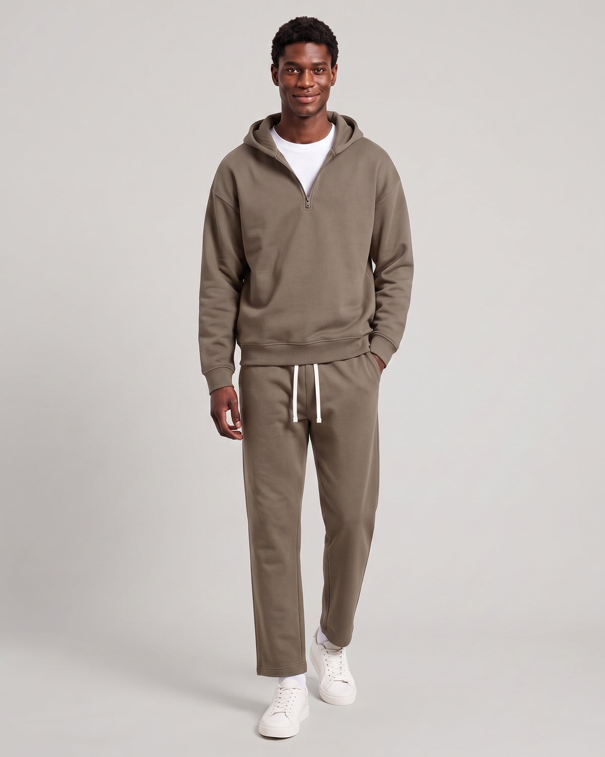 KZZ Men's solid color half zipper hooded casual pants two-piece set