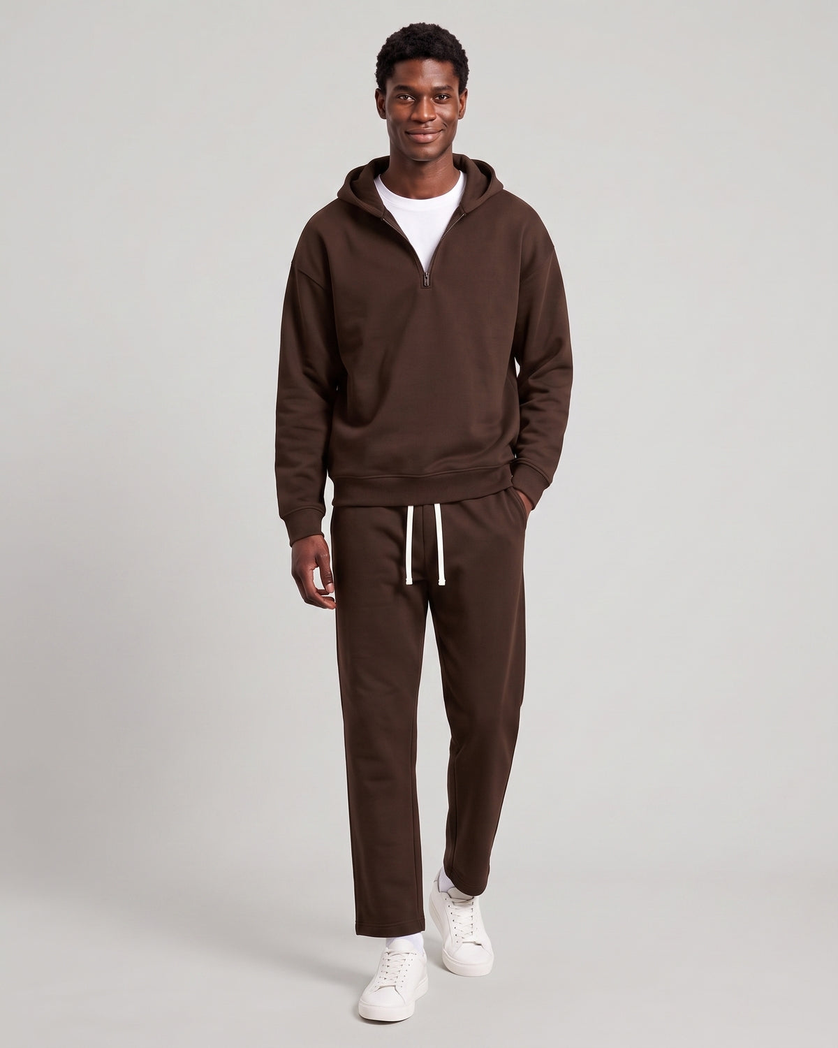 KZZ Men's solid color half zipper hooded casual pants two-piece set