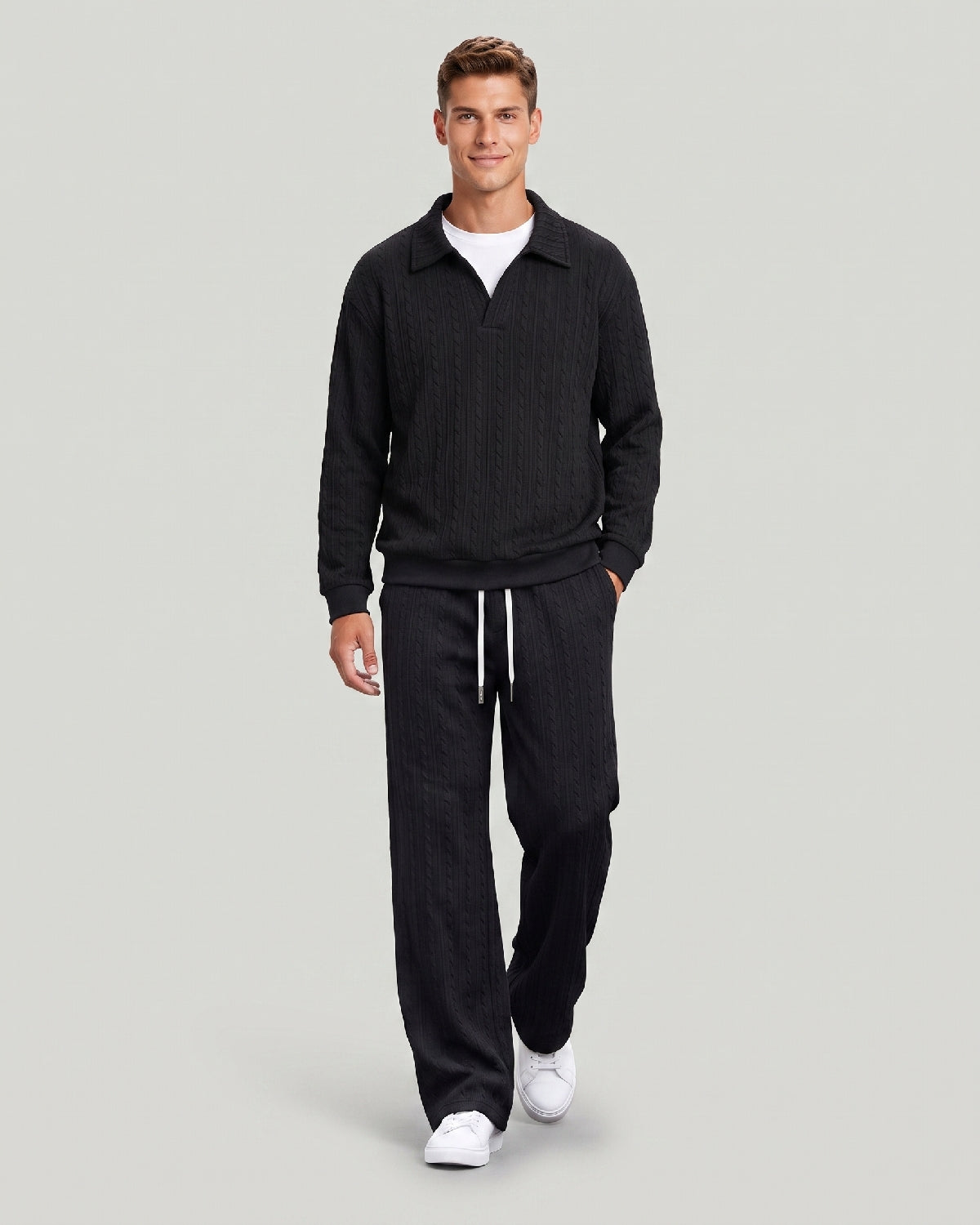 KZZ Men's Casual Sports Suit Jacquard Texture Long Sleeve Sweatshirt Set