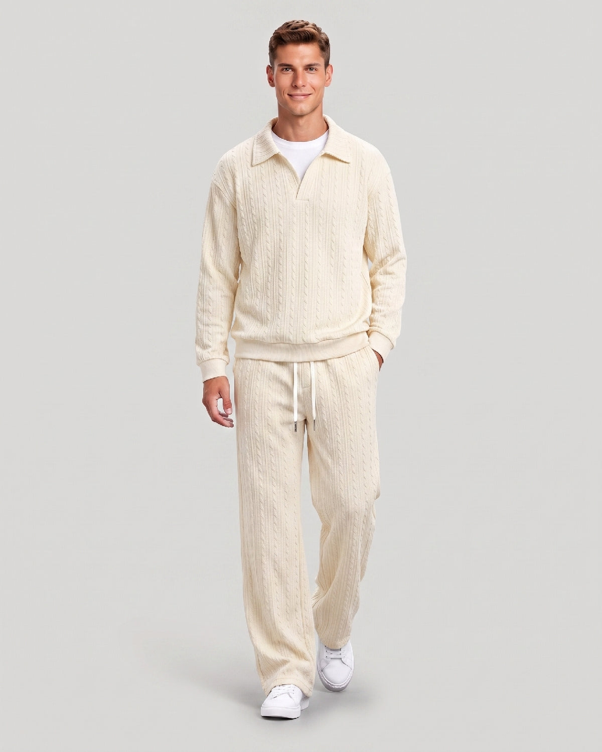 KZZ Men's Casual Sports Suit Jacquard Texture Long Sleeve Sweatshirt Set