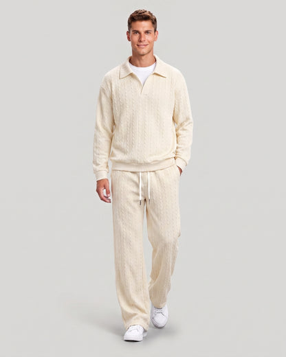 KZZ Men's Casual Sports Suit Jacquard Texture Long Sleeve Sweatshirt Set