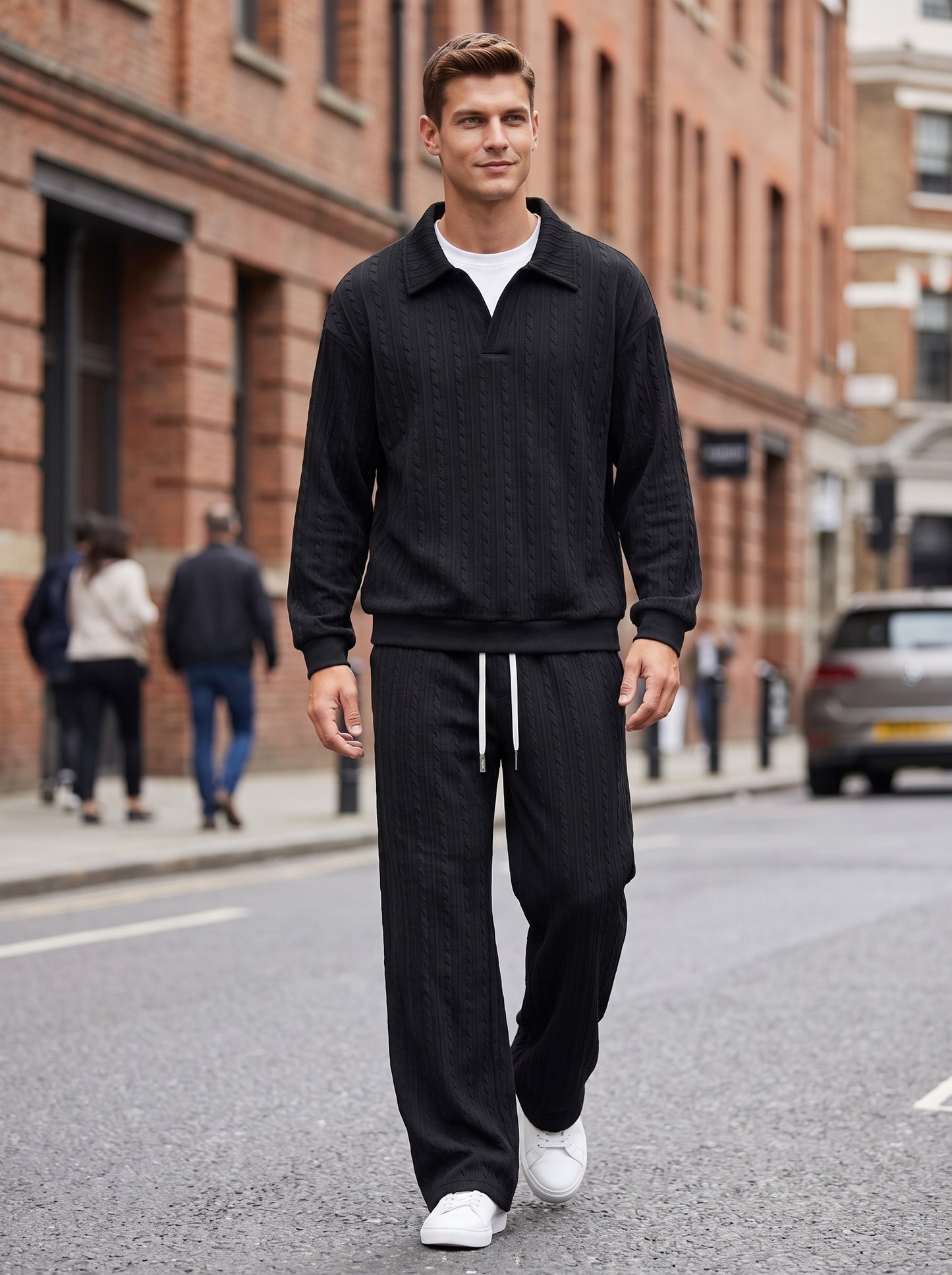 KZZ Men's Casual Sports Suit Jacquard Texture Long Sleeve Sweatshirt Set