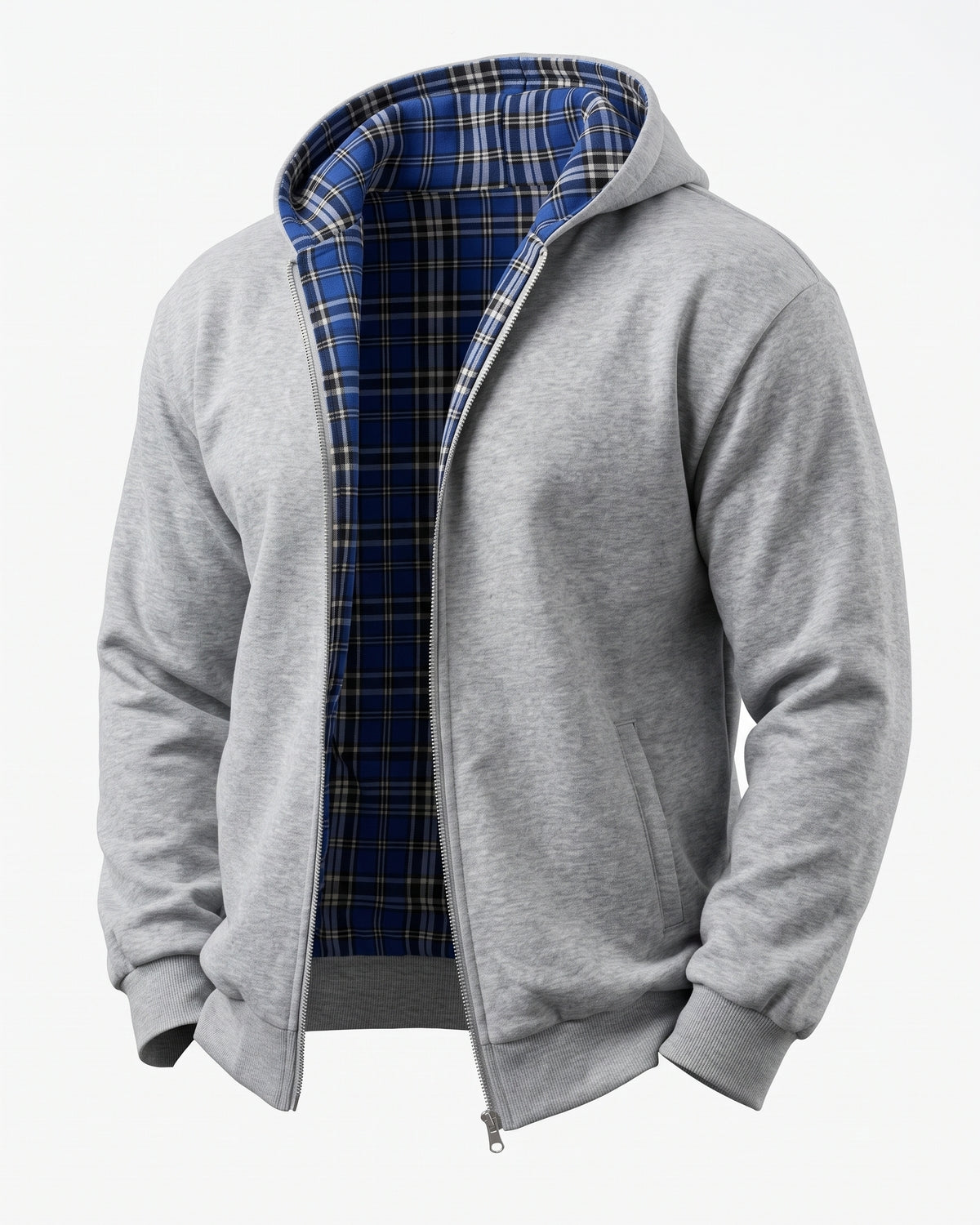 KZZ Men's plaid lined reversible zip-up hooded jacket