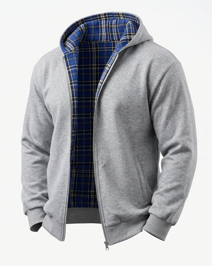 KZZ Men's plaid lined reversible zip-up hooded jacket