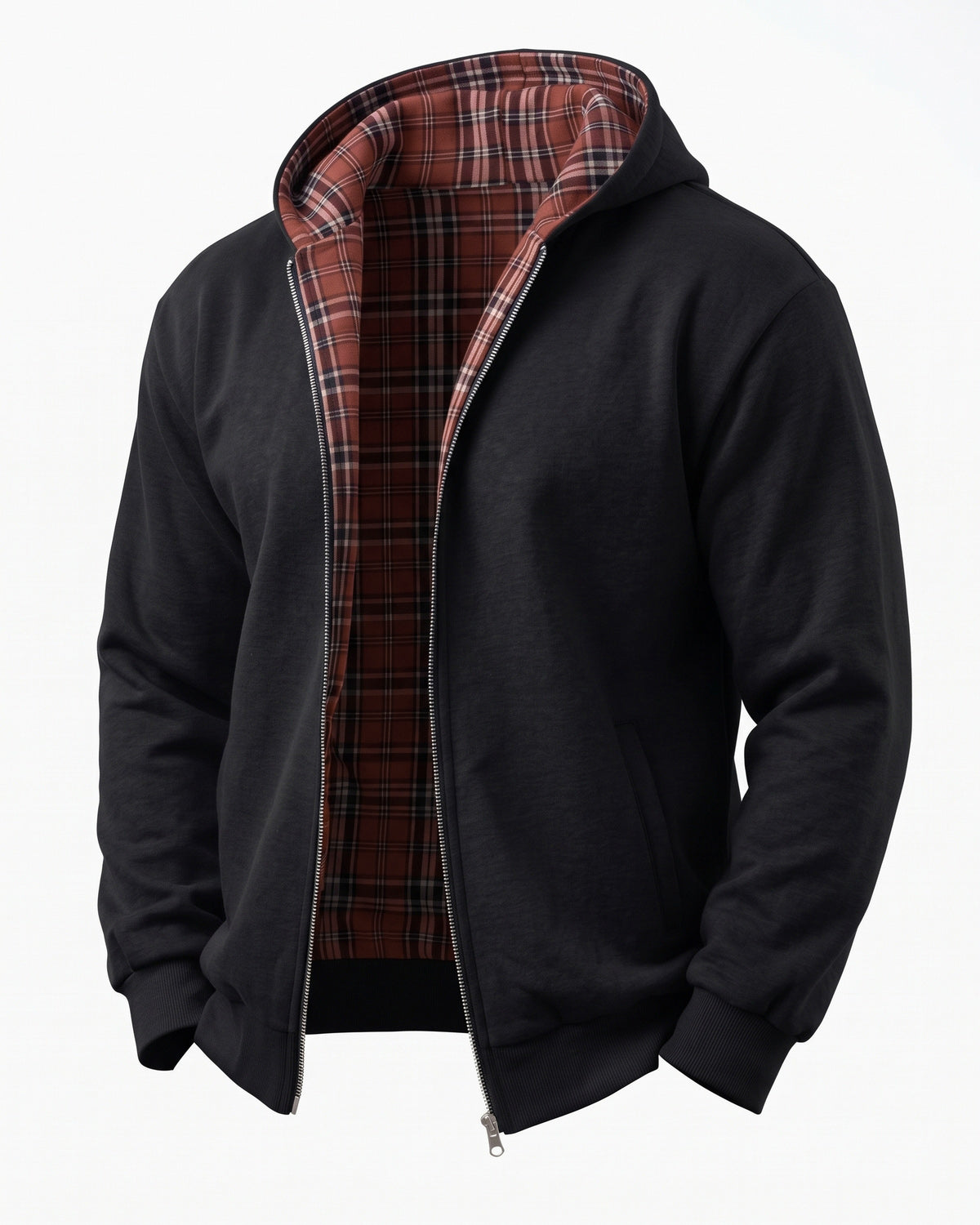 KZZ Men's plaid lined reversible zip-up hooded jacket