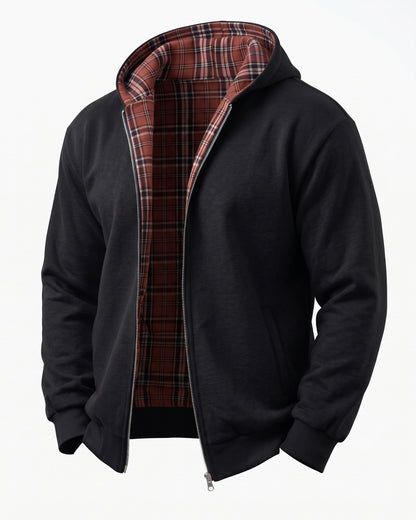 KZZ Men's plaid lined reversible zip-up hooded jacket