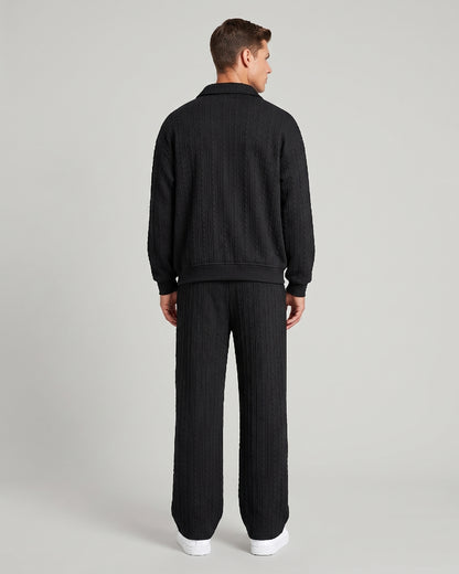 KZZ Men's Casual Sports Suit Jacquard Texture Long Sleeve Sweatshirt Set