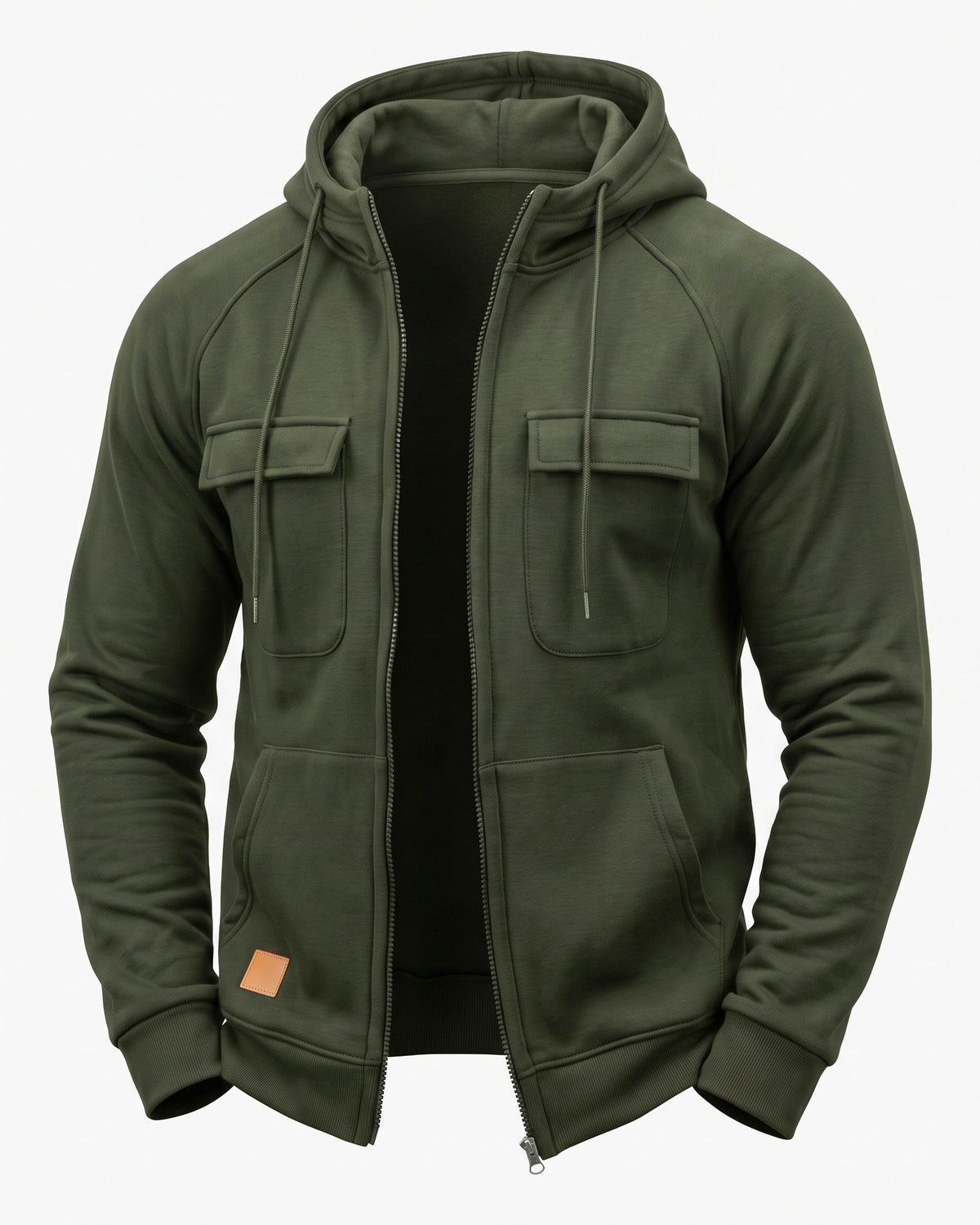 KZZ Men's Outdoor Casual Multi-Pocket Full-Zip Hooded Sweatshirt