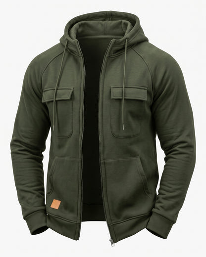 KZZ Men's Outdoor Casual Multi-Pocket Full-Zip Hooded Sweatshirt