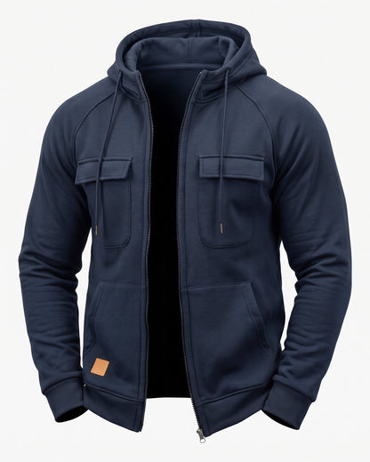 KZZ Men's Outdoor Casual Multi-Pocket Full-Zip Hooded Sweatshirt