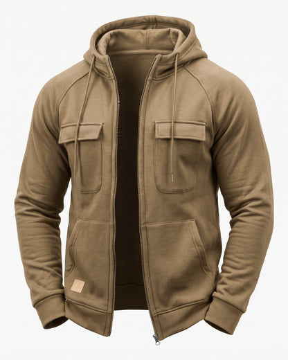 KZZ Men's Outdoor Casual Multi-Pocket Full-Zip Hooded Sweatshirt