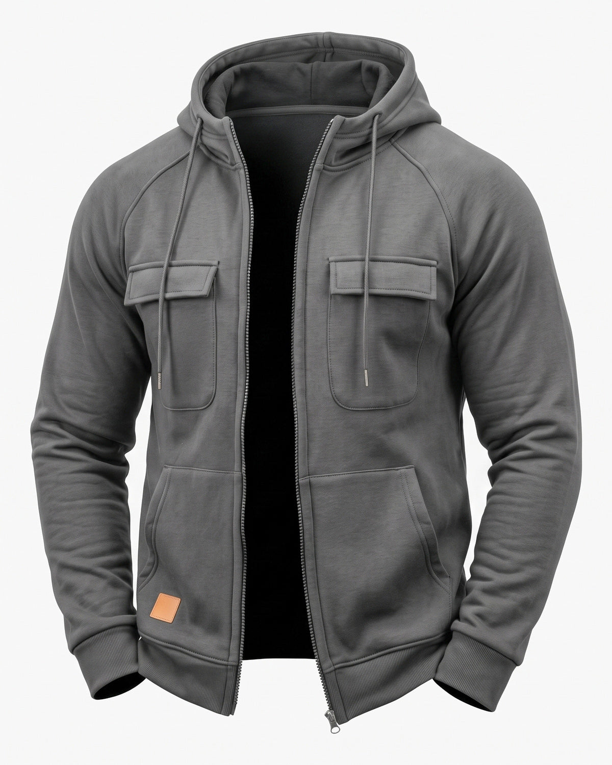 KZZ Men's Outdoor Casual Multi-Pocket Full-Zip Hooded Sweatshirt