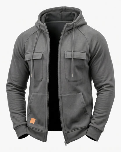 KZZ Men's Outdoor Casual Multi-Pocket Full-Zip Hooded Sweatshirt