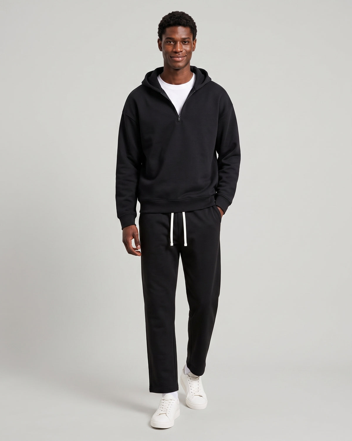 KZZ Men's solid color half zipper hooded casual pants two-piece set