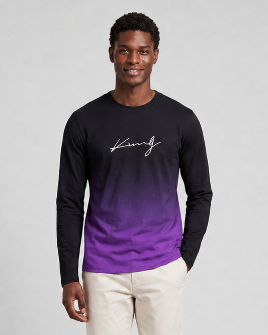 KZZ Men's Casual Long Sleeve T-Shirt, Gradient Color Round Neck, Letter Print Design