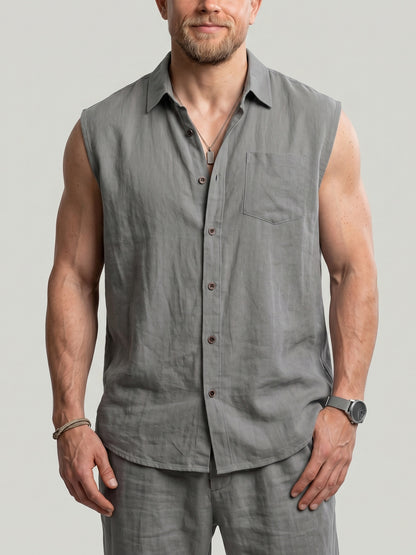 KZZ Men's Solid-Color Loose-Fit Linen Sleeveless Vest