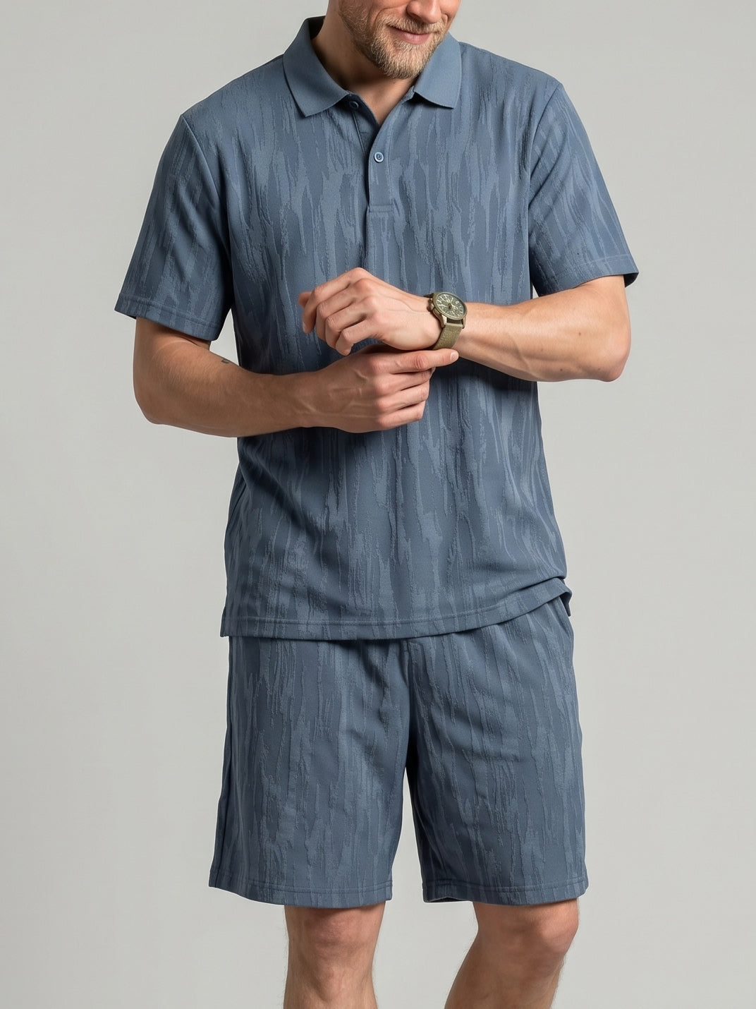 KZZ Men's Solid-Color Polo Shirt and Drawstring-Waist Shorts