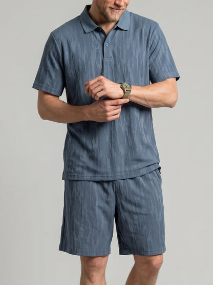 KZZ Men's Solid-Color Polo Shirt and Drawstring-Waist Shorts