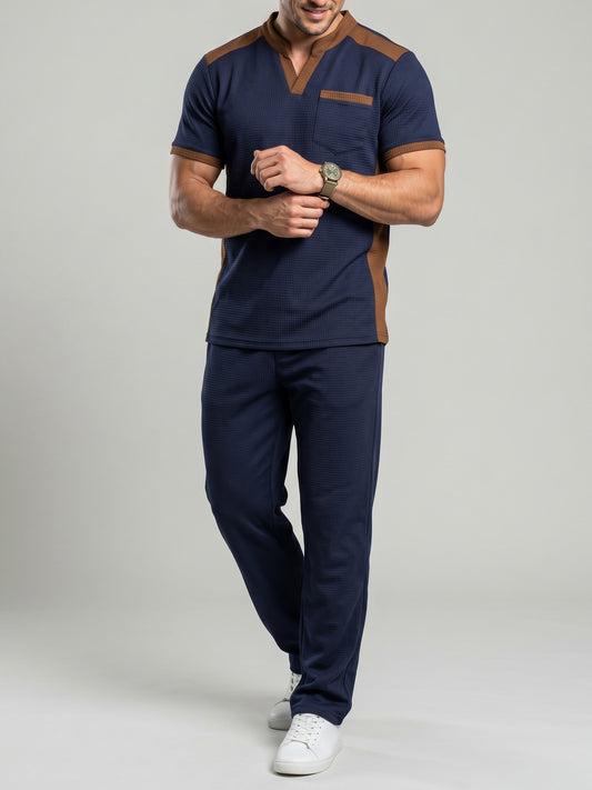 KZZ Men's Business Casual Color-Block Waffle-Knit V-Neck Short-Sleeve Shirt and Trousers Set