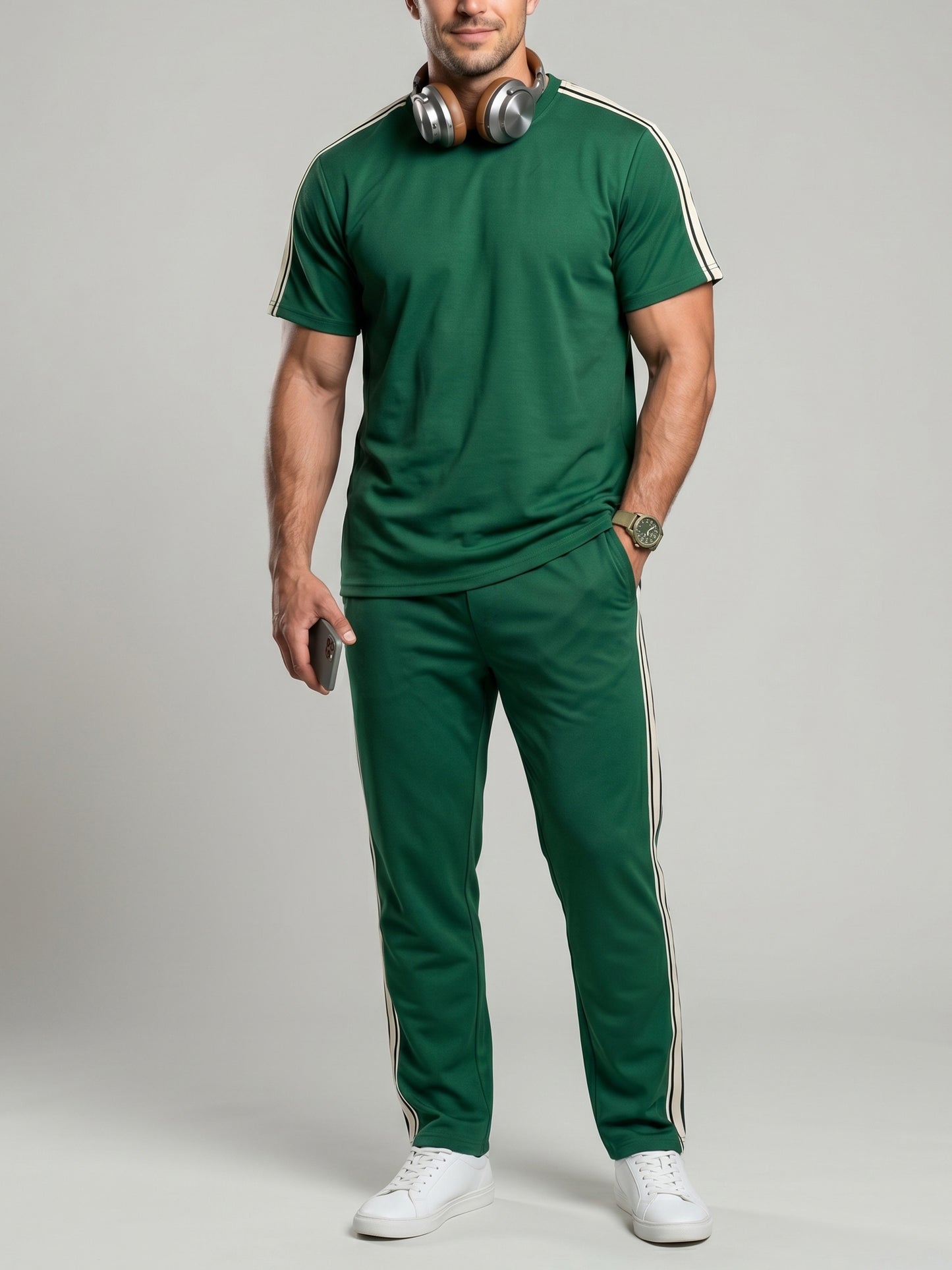 KZZ Men's Solid-Color T-Shirt and Drawstring-Waist Trousers Two-Piece Set