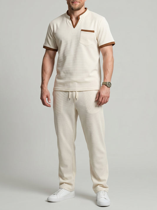 KZZ Men's Casual Athletic Color-Block Waffle-Knit Set