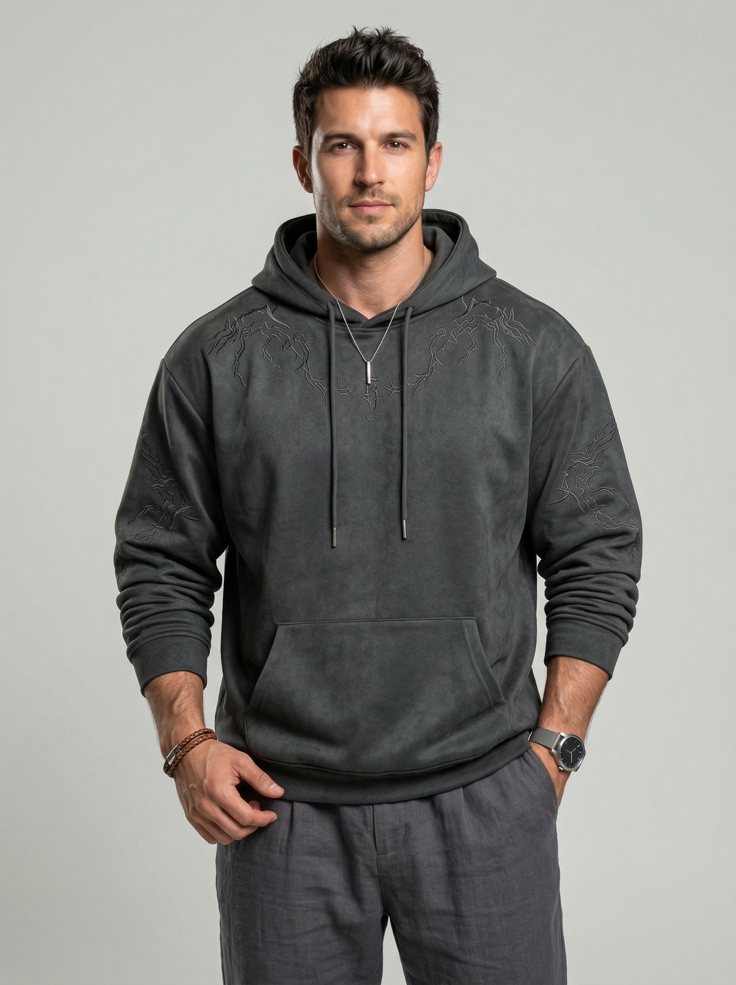 KZZ Men's Casual Loose-Fit Embroidered Thorns Hooded