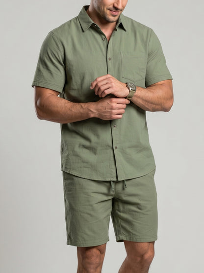 KZZ Men's Solid-Color Linen Shirt and Shorts Set