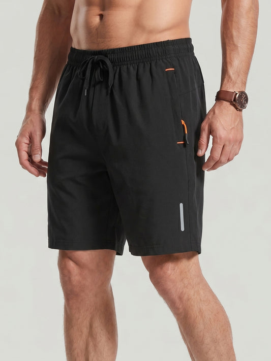KZZ Men's Solid-Color Athletic Shorts with Zipper Pockets