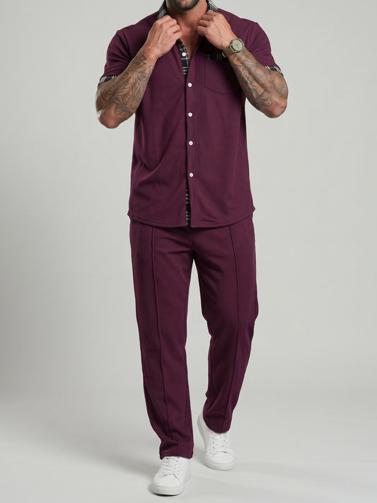 KZZ Color-block Waffle-knit Short-sleeve Top & Pants Set