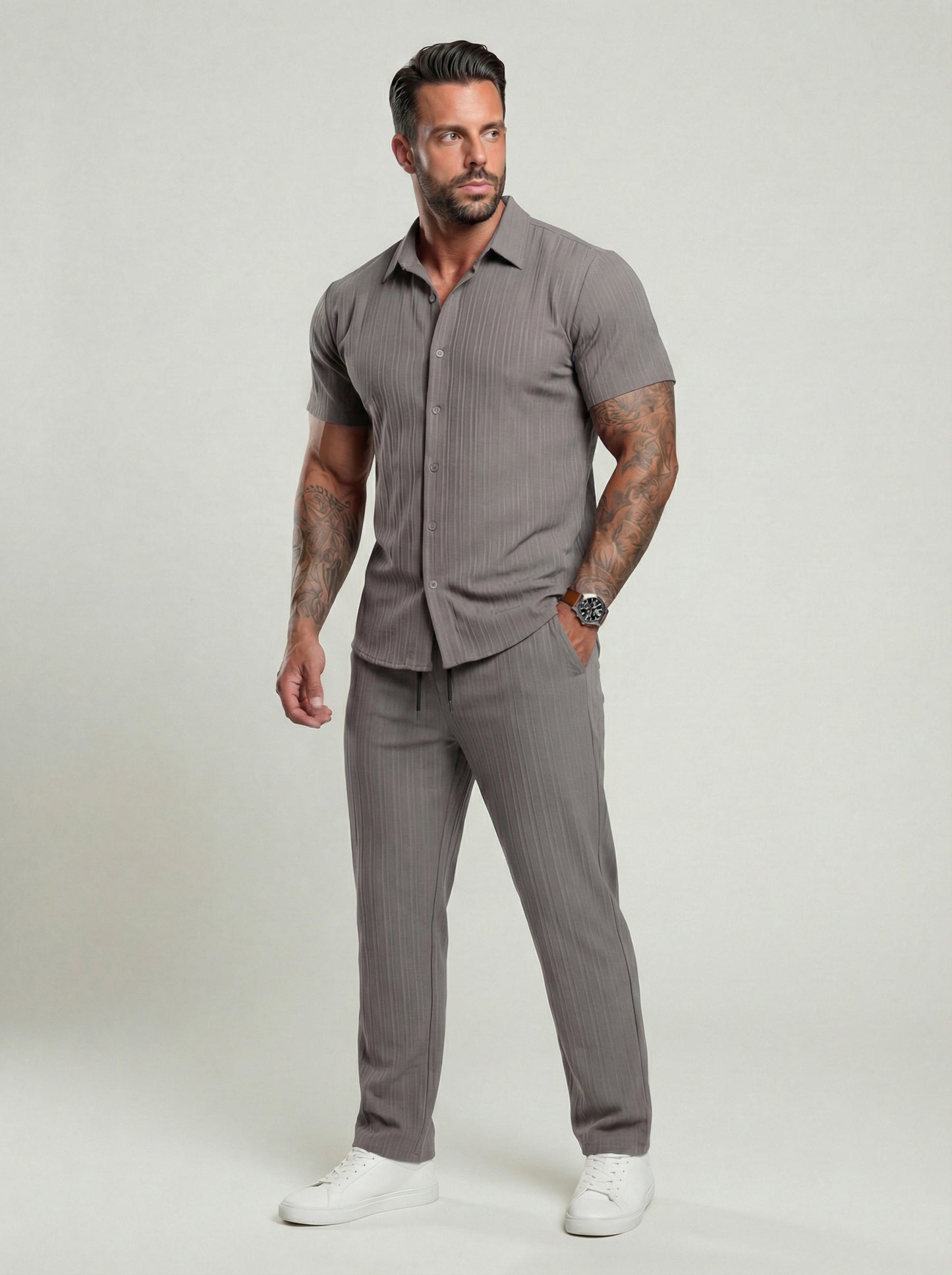 KZZ Men's Two-piece Suit Shirt and Elastic Waist Pants Set