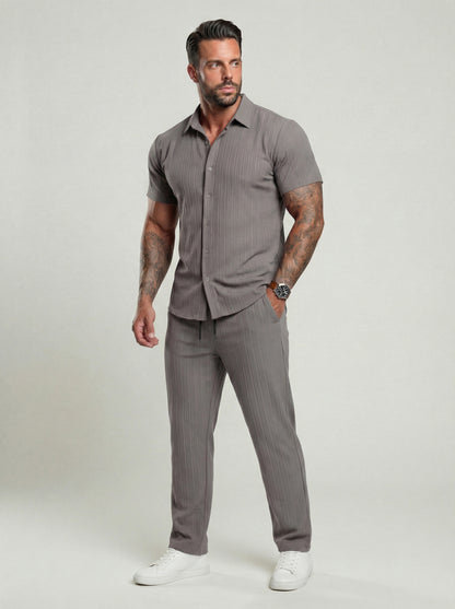 KZZ Men's Two-piece Suit Shirt and Elastic Waist Pants Set
