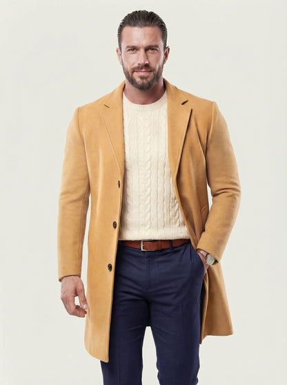 KZZ Men's Solid Button Front Lapel Neck Midi Coat Wear