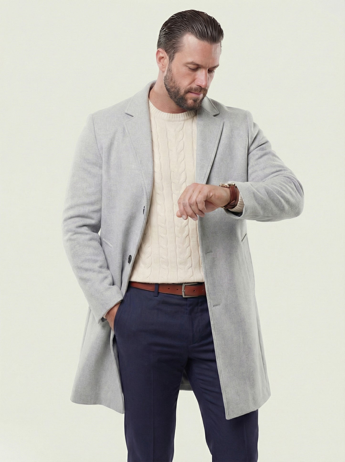 KZZ Men's Solid Button Front Lapel Neck Midi Coat Wear