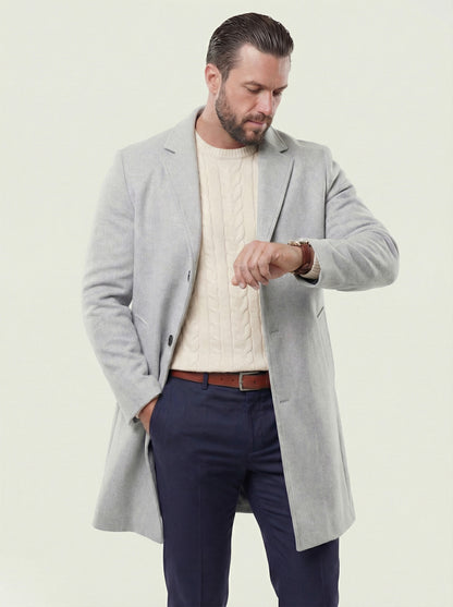 KZZ Men's Solid Button Front Lapel Neck Midi Coat Wear